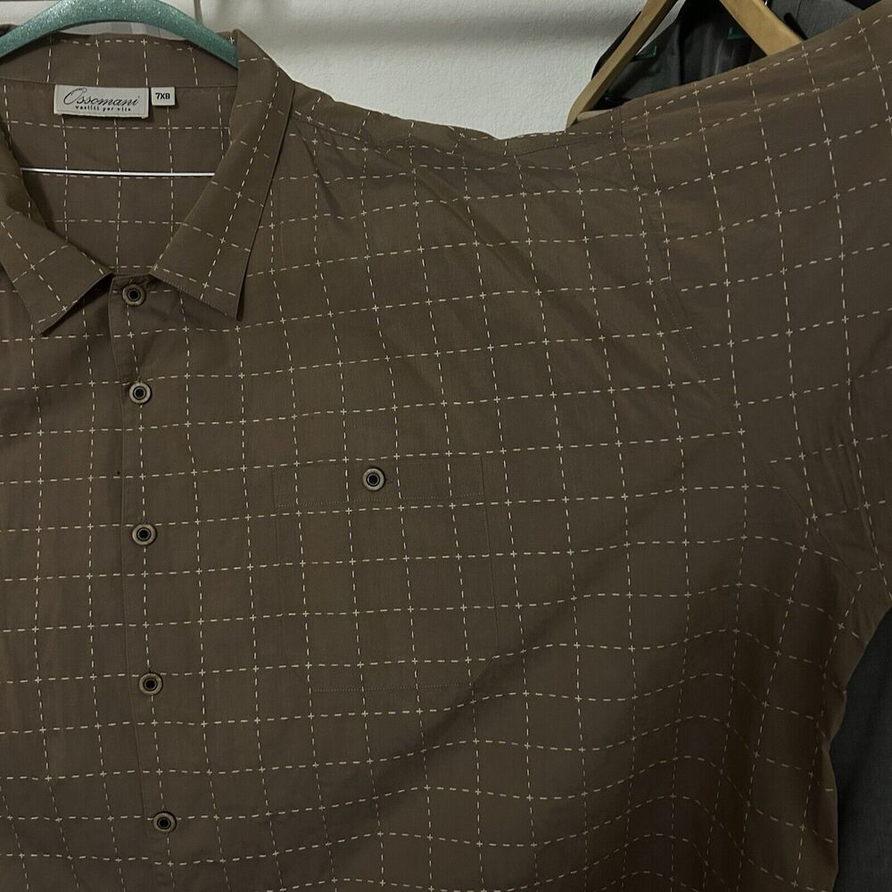 Ossomani Men's 7XB Short Sleeve Button Up Shirt Brown and White 100% Cotton
